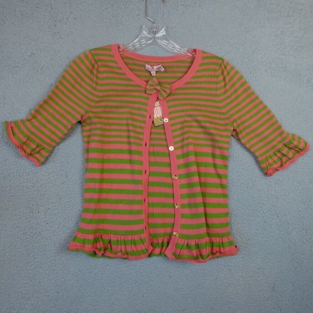 New Juicy Couture Sweater Girls 14 Green Pink Ruffle Cardigan Preppy Button